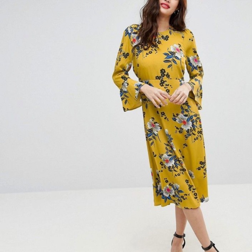 ASOS Mustard dress midi column with fluted sleeve